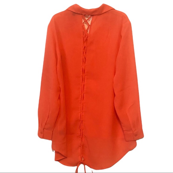 Plus Moda women coral longsleeve button down semi sheer high low shirt tail - Picture 2 of 10